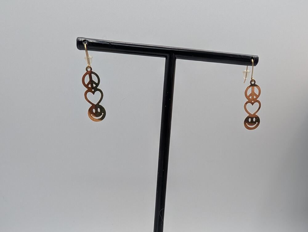 14K Gold Peace Heart Smiley Face Dangle Love Earrings .7 grams